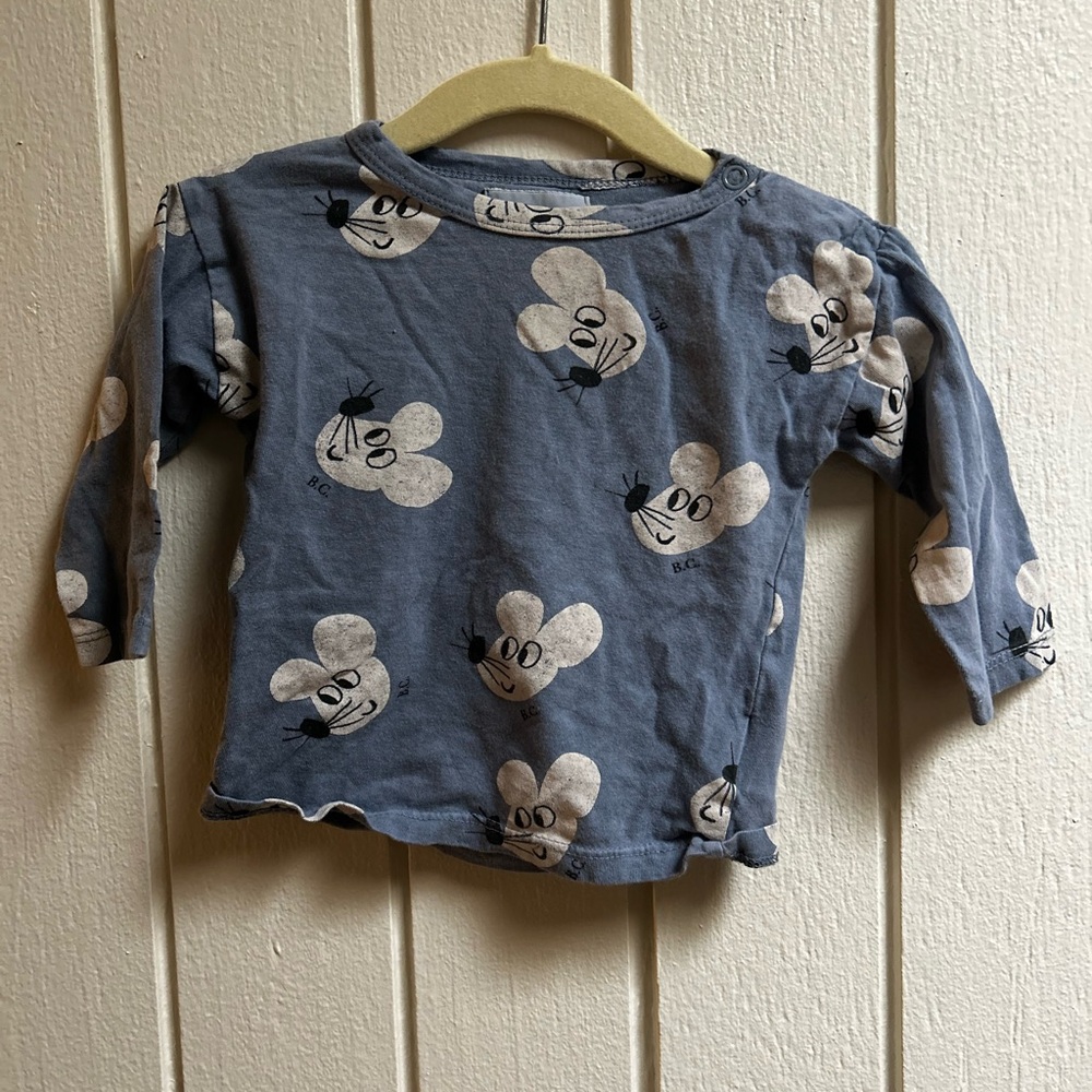 Bobo Choses Blue Long Sleeve Tee with Mouse Print